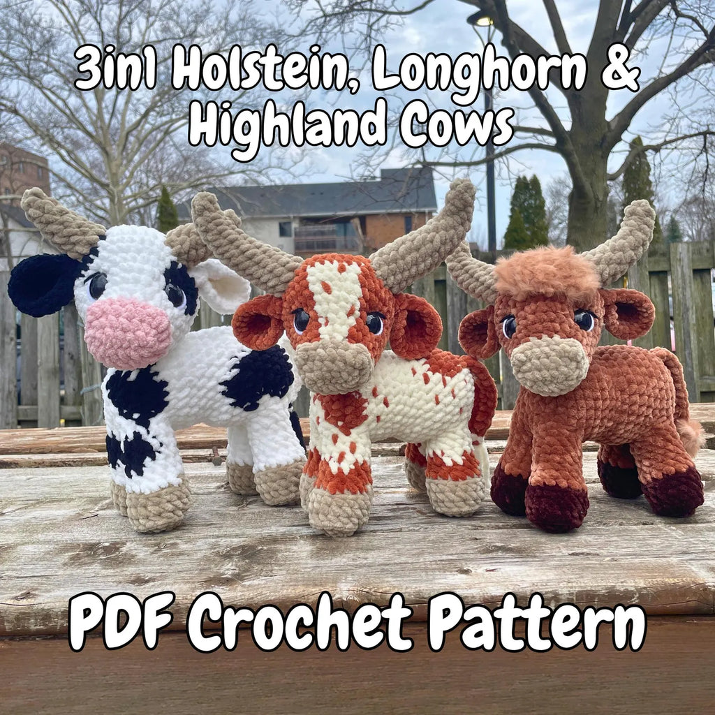 3-in-1 Standing Cow Crochet Pattern Bundle — Holstein, Longhorn & Highland (PDF)