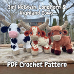3-in-1 Standing Cow Crochet Pattern Bundle — Holstein, Longhorn & Highland (PDF)